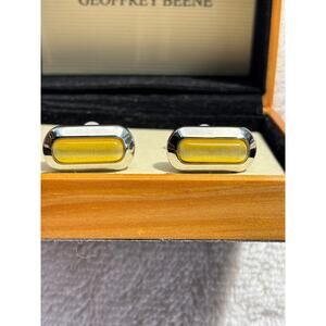 Geoffrey Beene Silver Tone Mens Cufflinks Yellow Cats Eye Stone New NWT
